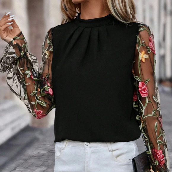 Floral Embroidery Mesh Flounce Sleeve Mock Neck Blouse - Picture 3 of 5